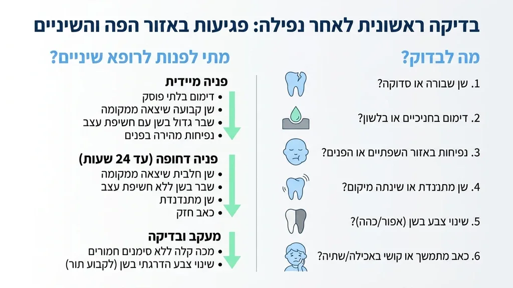 הורה בודק את פניו של ילד לאחר חבלה בשיניים